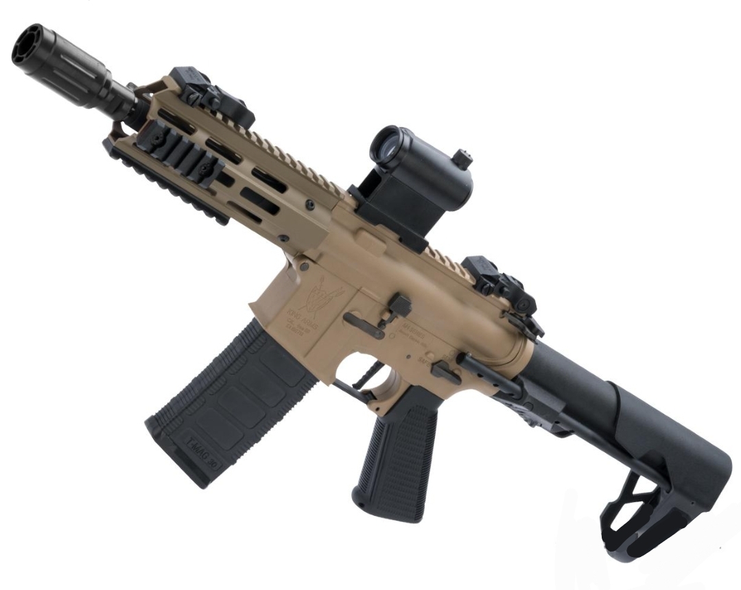 King Arms M4 PDW SBR Airsoft AEG Rifle color Tan Material polimero cañon 19cm (No incluye Mira) 
