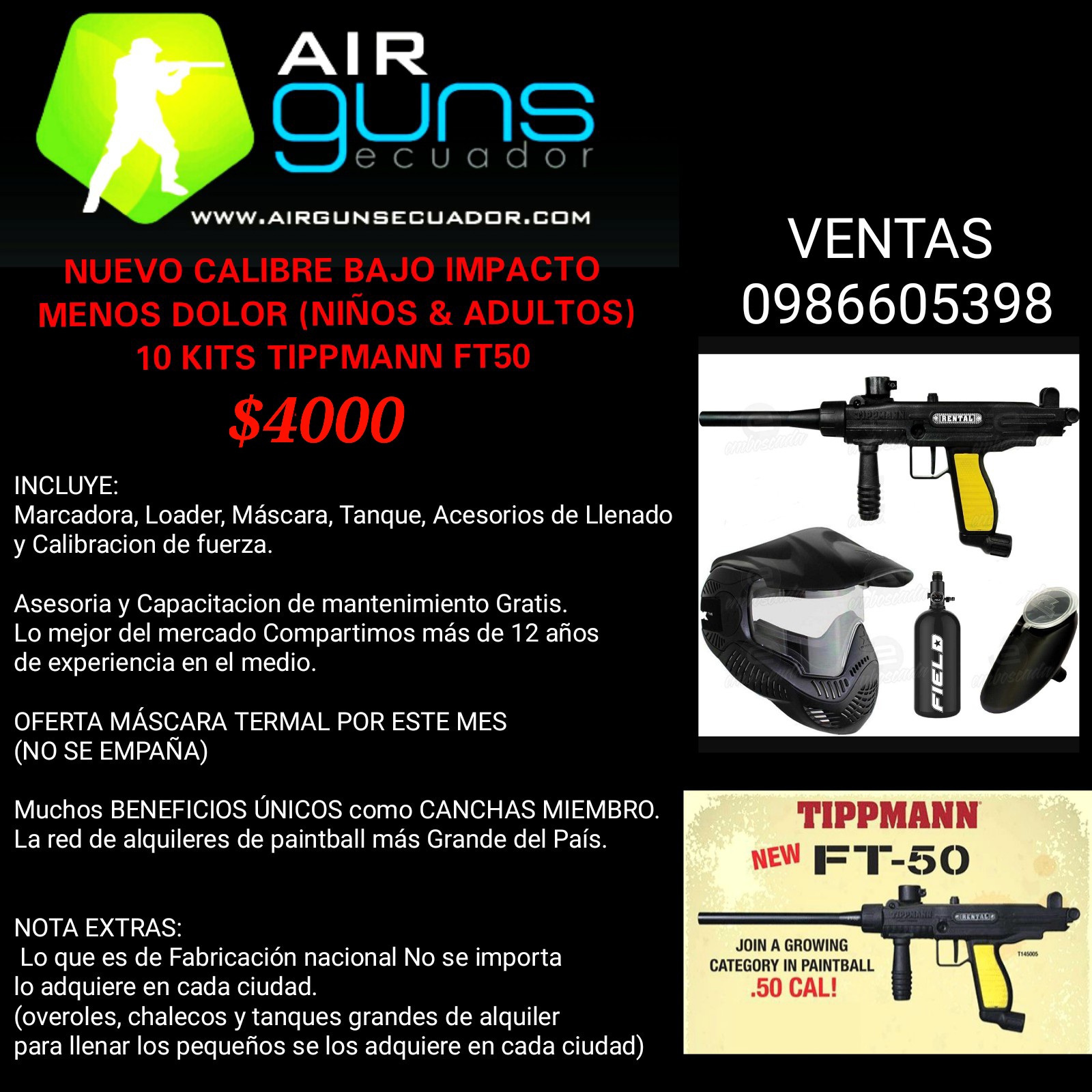 Marcadoras Rental Nuevo Calibre .50 Al por Mayor x 10 Kits(Loader, mascara, tanque Aire o co2)